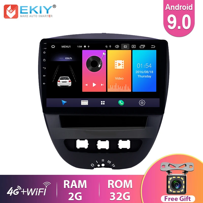 EKIY-Radio Multimedia con GPS para coche, Radio con reproductor, navegador, pantalla IPS, Android 9,0, estéreo, para Peugeot 107 1, Toyota Aygo, Citroen C1 2006-14
