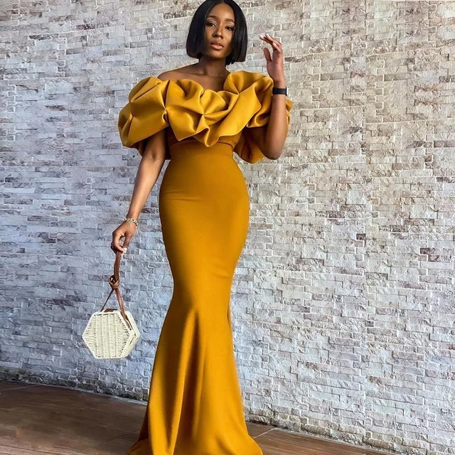 Mustard Yellow Mermaid Bridesmaids Dresses Ruffles Off Shoulder Wedding Guest Gowns Black Girl Of The Honor Dress Size - Bridesmaid Dresses -