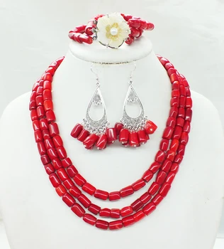 

Classic 3 layers of natural red coral necklace, bracelet, earrings, African bride. Jewelry Set