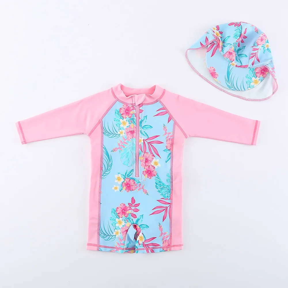 Wishere One Piece Swimsuit With Hat Baby Girl Swimwear Outdoor Swimming Suits Kids Beachwear Sun Protection Cap
