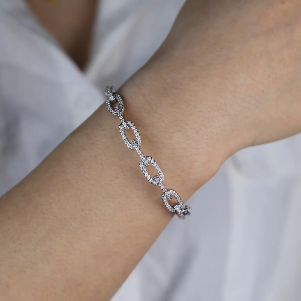 inner 56-58mm silver color micro pave clear cubic zirconia iced out bling cz cuban link chain bangle bracelet for women 4