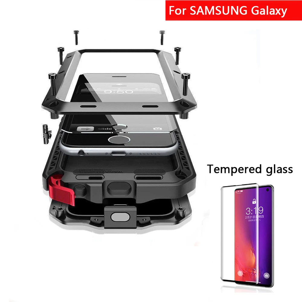 

Tempered glass + Full Protective Luxury Metal Case For Samsung S7 S8 S9 S10 Plus Note 8 Note 9 Note 10 plus Shockproof Cover