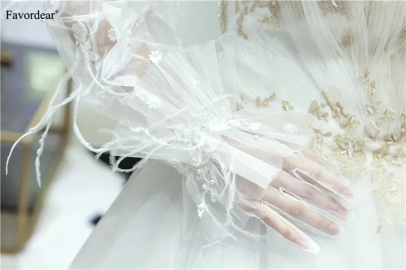 Favordear Women's Ivory Opera Length Finger Wedding Gloves Tulle Pearls Feathers Bridal Gloves Party Gloves Wedding Accessories