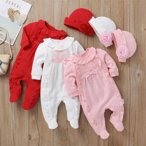 

0-12MPrincess Baby Girl Clothes Set Newborn Girls Long Sleeve Ruffles Rompers + Hats 2pcs Clothing Sets Infant Jumpsuit
