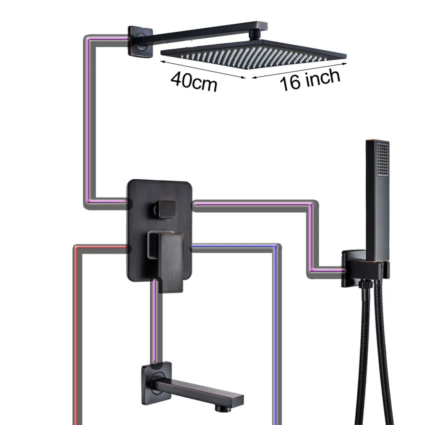 16 inch shower B Настенный Ванная комната душевой кран латунный душевой набор смеситель для душа в форме дождя кран черный бронза Ванна Душ кран латунный 2-полосным смесительный клапан - Цвет: 16 inch shower B