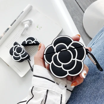 

CC Camellia 3D Silicone Case For Apple Airpods 1 2 classical black camellia flower Ring Lanyard Hang Loop protective Cover
