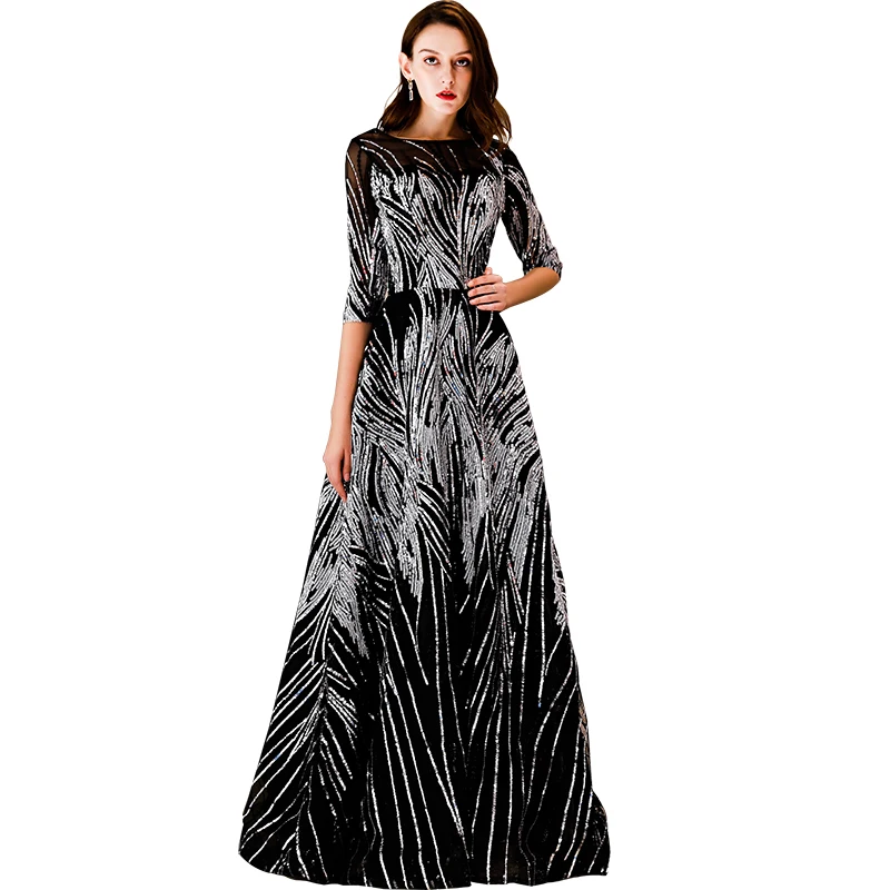 DEERVEADO Robe De Soiree, короткие рукава, Длинные вечерние платья с поясом, с блестками, торжественное платье для женщин, Платья для вечеринок YS449 - Цвет: Black Silver