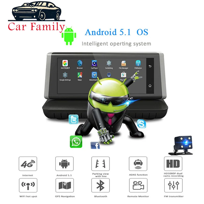 " дюймовый 4G Wifi Android 5,1 Автомобильный цифровой видеорегистратор HD 1080P Dash Cam камера заднего вида двойной объектив ADAS gps навигация bluetooth-рекордер