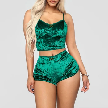 

Deep V Neck Women's Pajamas 2 Pcs Set Intimates Top And Pant Home Clothes Female Summer Velvet Sleepwear Babydoll Sets Lady