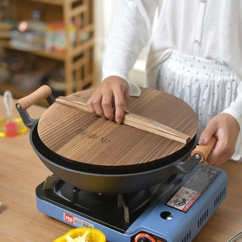 

Wooden handle thickened double ear cast iron old round bottom iron pot household uncoated non stick stew pan wood glass cover