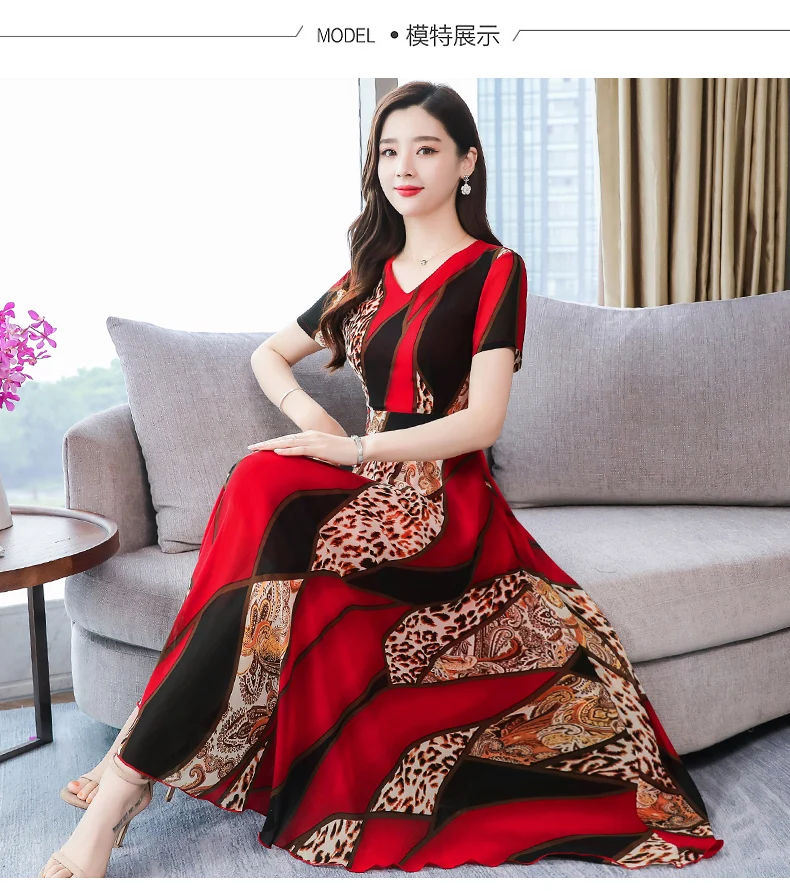 Summer New Arrival Bohemian Style S-3XL V Collar Short Sleeve Flower Printed Woman Chiffon Long Dress AQ226