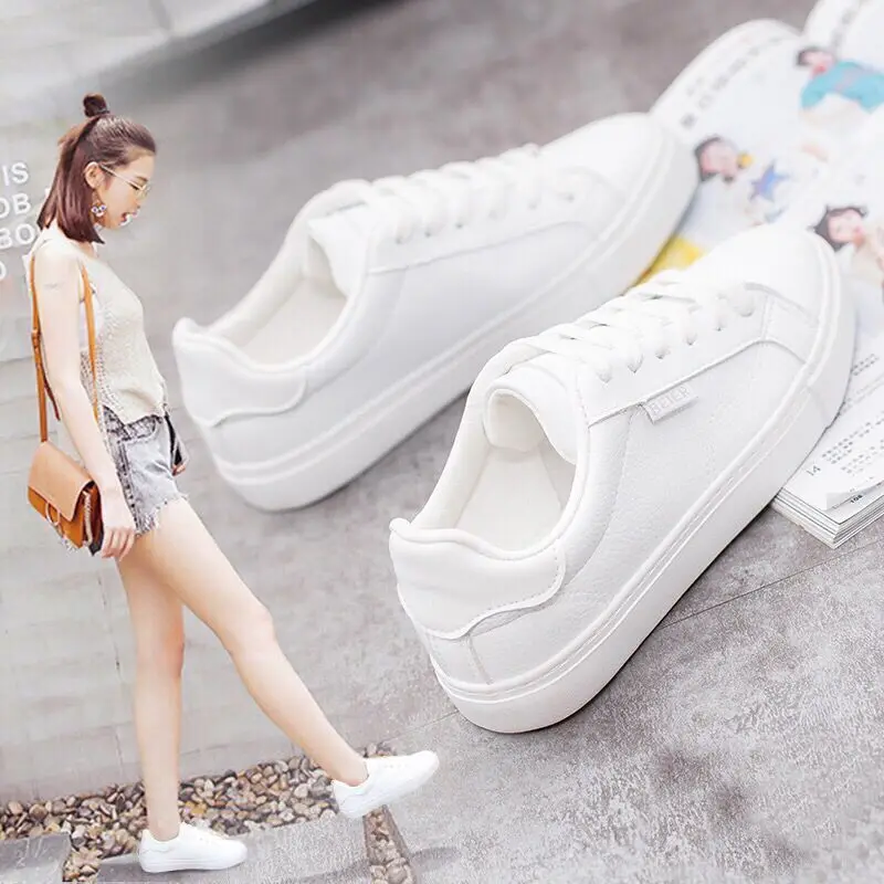 

White Shoes WOMEN'S Shoes Students Korean-style Versatile Breathable Casual Sports Shoes Low Top round Flat Lace-up Skate Shoes