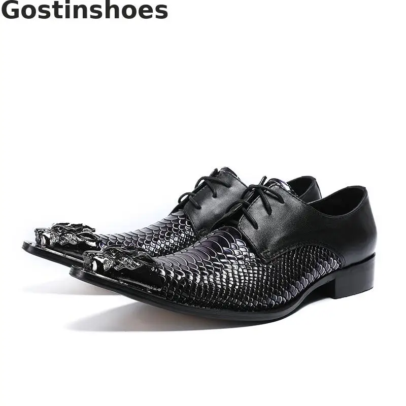 

Luxury Men Shoes Genuine Leather Black Snakeskin Printed Casual Derby Shoes Pointed Toe Lace Up Leisure Business Wedding Shoes