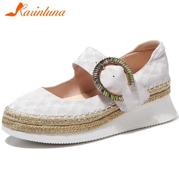 

KARINLUNA Fashion Lady Novelty Flats Buckle Decoration Platform Genuine Leather High Heel Flats Women Spring Shoes Woman