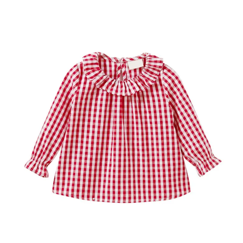 Милая клетчатая одежда с круглым вырезом для девочек; теплые хлопковые топы с длинными рукавами; блузка для маленьких девочек