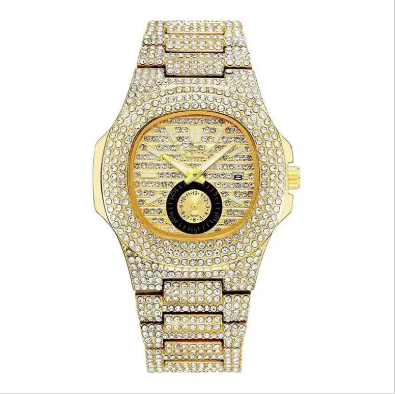 Роскошные мужские часы Iced Out, полностью бриллиантовые мужские часы, золотые часы в стиле хип-хоп с микропропиткой, часы из нержавеющей стали, часы reloj