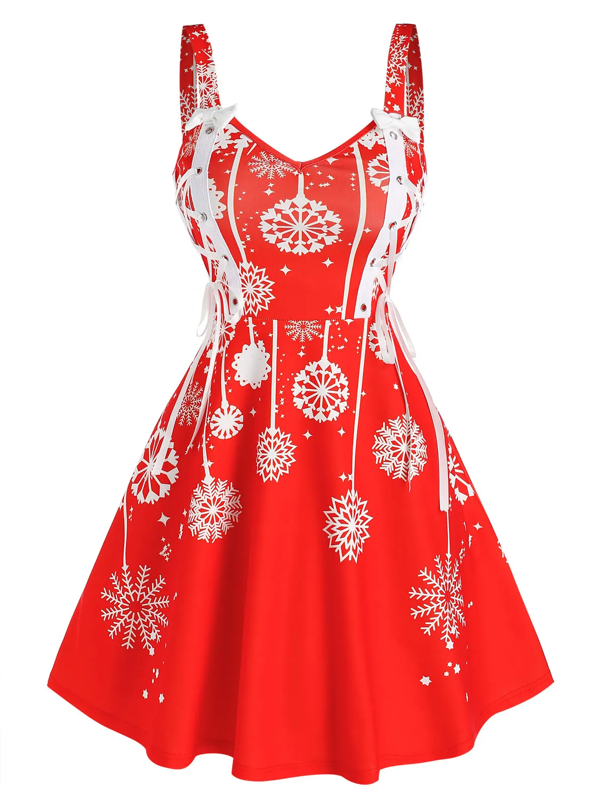 Christmas Snowflake Print Sleeveless Lace-up Dress | Женская одежда