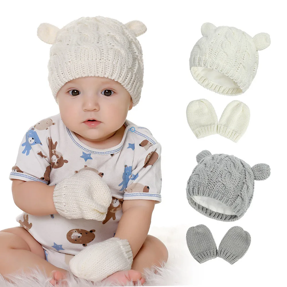 

S/M/L Sizes Cute Little Ear Shape Knitted Hat Gloves Set Winter Warm Solid Beanie Cap Set Baby Kids Girls Boys 4 Colors