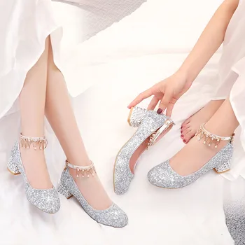

Fashion Crystal Chain Fringe Low Medium Chunky Block Ladies Shoes Silver Gold Women Heels Bling Party Princess Pumps