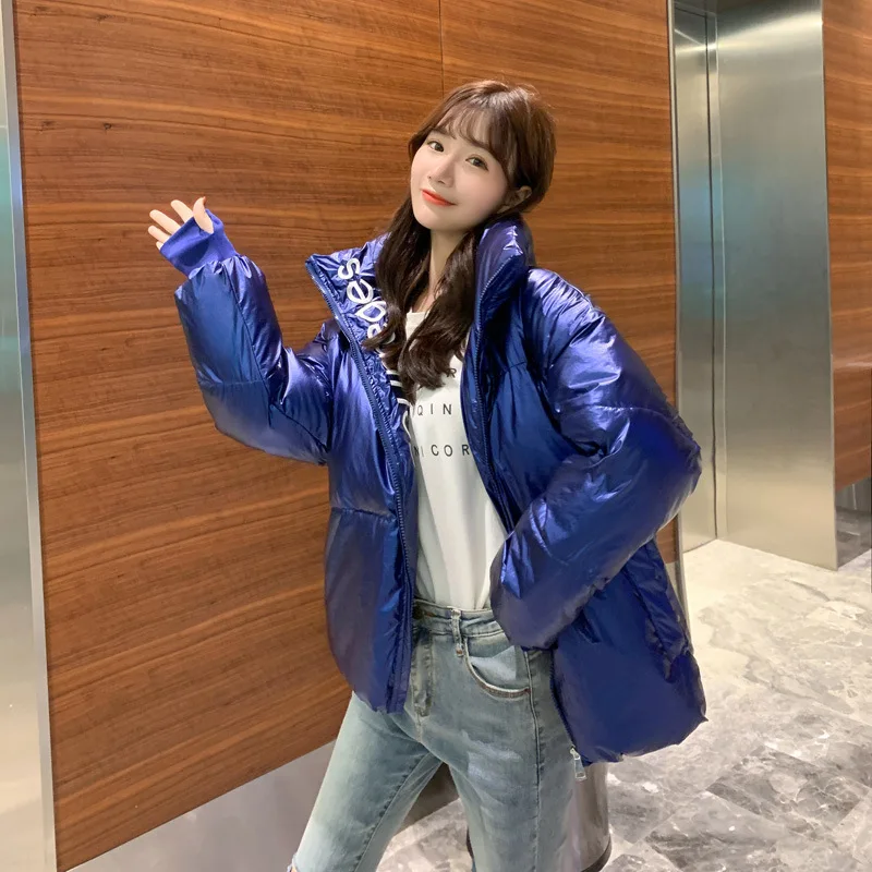 Diwish Stand Collar Zipper Winter Women Loose Cotton Coat Casual Female Bread Bright Short Parkas Thick Warm Snow Outwear - Цвет: Blue