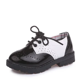 

Children Leather Shoes Students Fashion Boys Patent Leather Performance Dance Shoes Black White Lace Up Kids Flats Moccasins