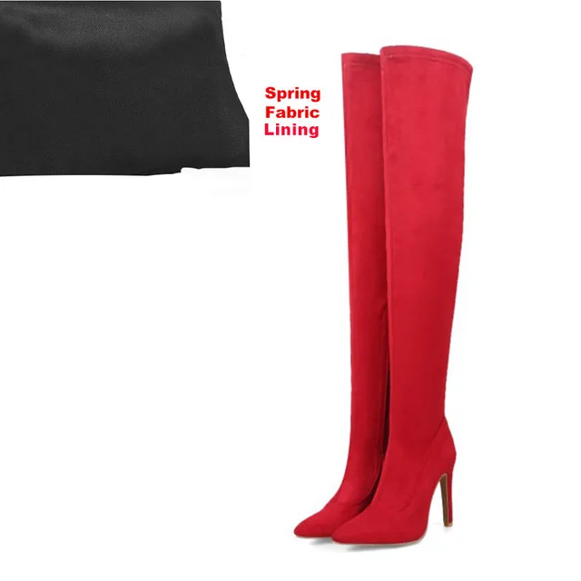 Fabric Red Sgesvier/зимние сапоги; женская обувь; женские Сапоги выше колена с острым носком; модные зимние сапоги из флока; женская универсальная эластичная обувь - Цвет: Fabric Red