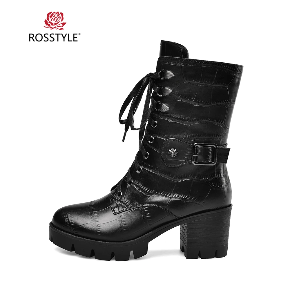 ROSSTYLE/женские зимние ботильоны ручной работы Роскошные туфли из натуральной кожи с круглым носком на высоком квадратном каблуке однотонные ботинки на шнуровке с пряжкой
