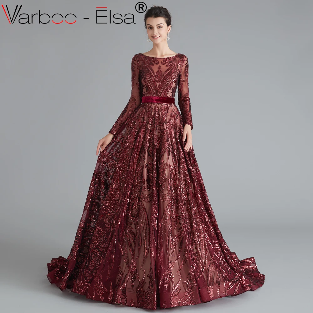 VARBOO_ELSA мусульманское винно-красное ТРАПЕЦИЕВИДНОЕ элитное вечернее платье винтажное блестящее вечернее платье с длинными рукавами и блестками платье с настоящей фотографией