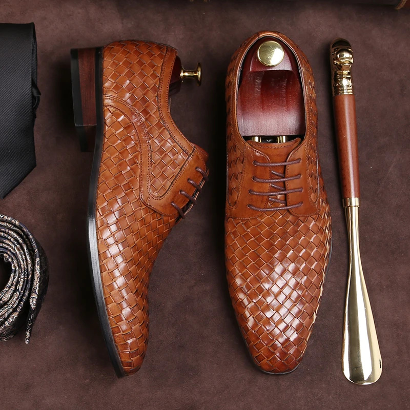 Men First Layer Genuine Cowhide Woven Business Dress Casual Shoes Inner Soft Warm Pigskin Leather Retro British Men's Shoes