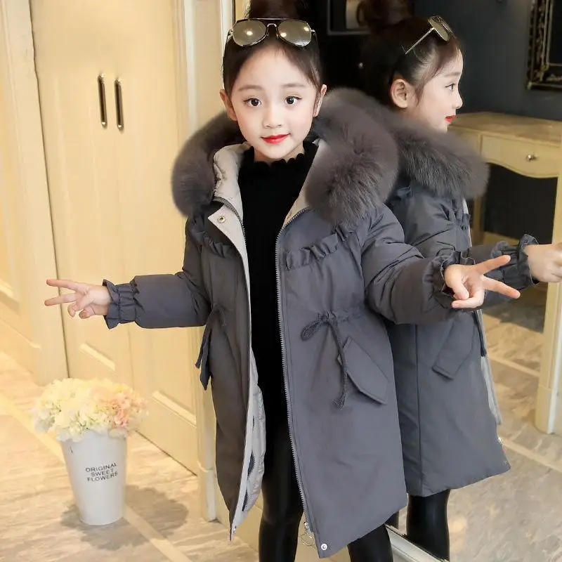 Детский зимний пуховик, хлопковая куртка новая модная одежда для девочек Детская меховая куртка Толстая парка зимний комбинезон с капюшоном уличная одежда на вате V17 - Цвет: gray