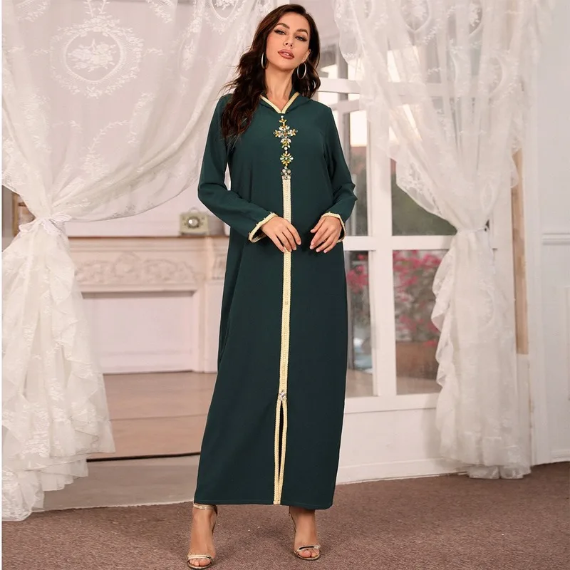Vestido caftán con capucha para mujer, moda étnica, punto de mano, cinta de diamante, adorno marroquí, Dubái, Turco árabe, ropa Eid