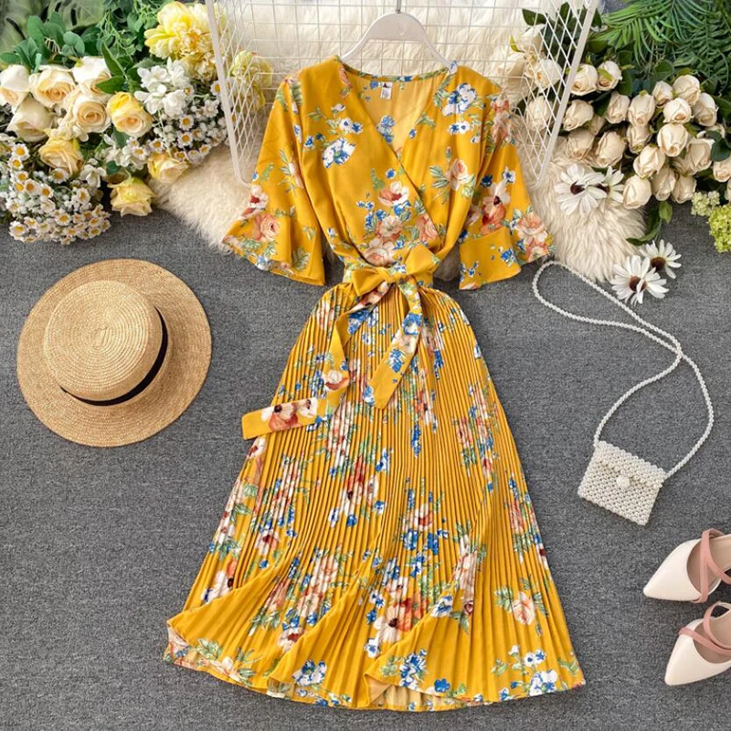 Boho 2020 Летнее Длинное платье миди с v-образным вырезом цветочным принтом Бандажное