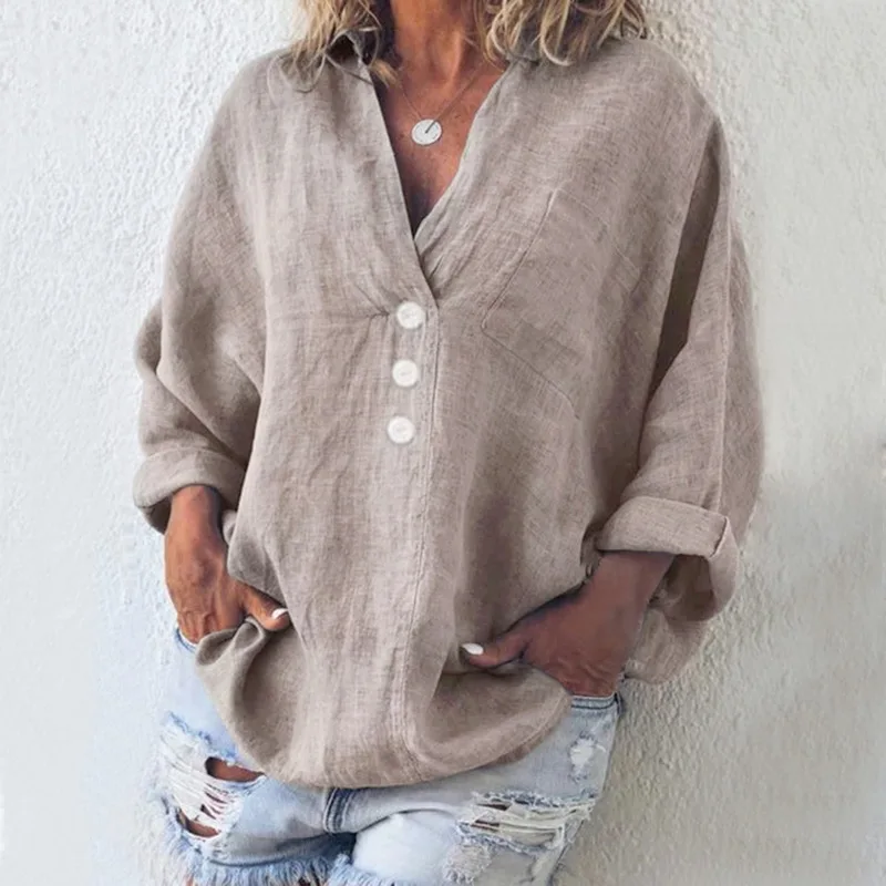 

2019 Autumn Women Loose Solid Blouse Casual V Neck Long Sleeve Torridity Women Blouse Shirt Cotton Linen Pocket Blusa Plus Size