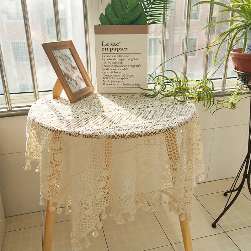 

Classical Fashion Handmade Crochet Tassel Beige Tablecloth Bedroom Study Living Room Small Round Table Cover Cloth Party Decor