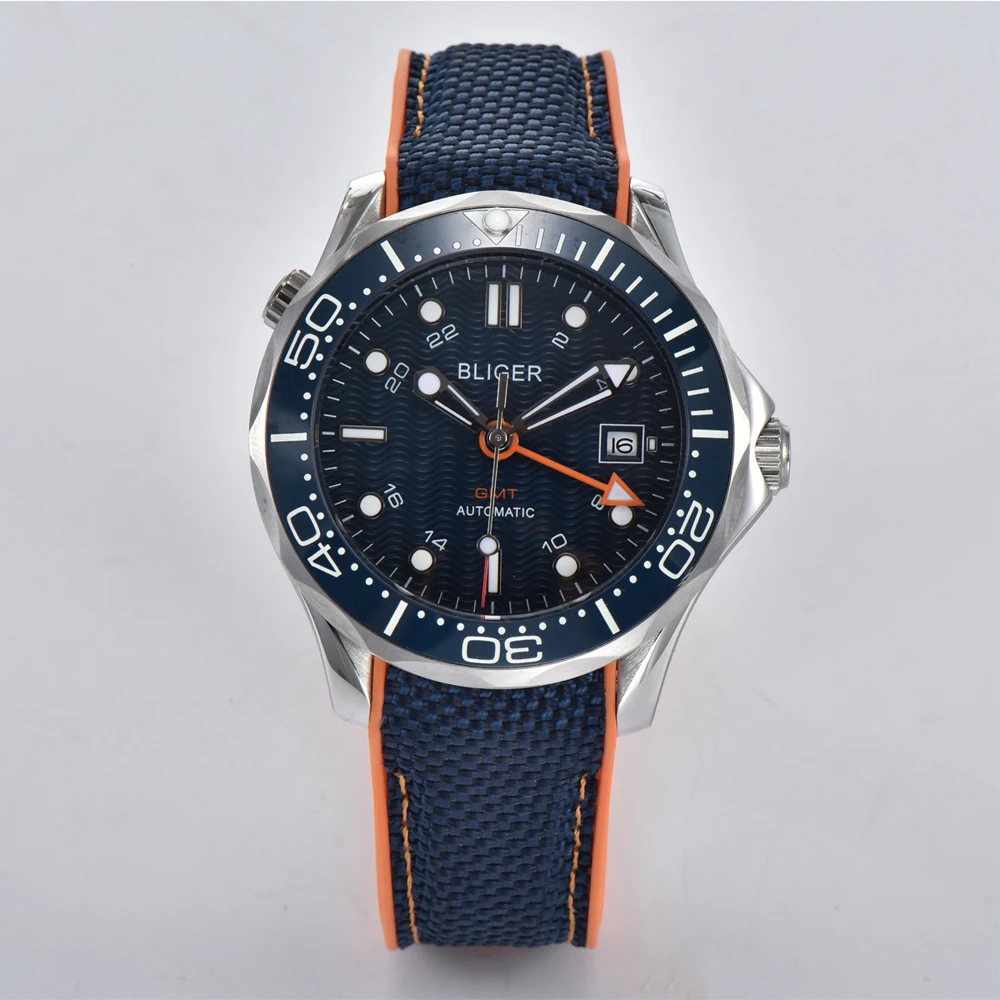 Мужские спортивные часы BLIGER 41 мм с синим циферблатом GMT ободком светящимся