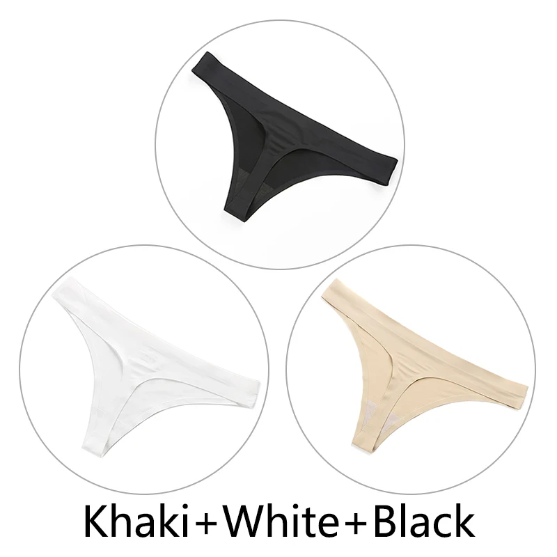 Khaki-White-Black 3 шт./партия нижнее белье, женские стринги и стринги открытый Шелковый бесшовный стринги сексуальные трусики нижнее белье с низкой посадкой женские танга прочные трусики - Цвет: Khaki-White-Black