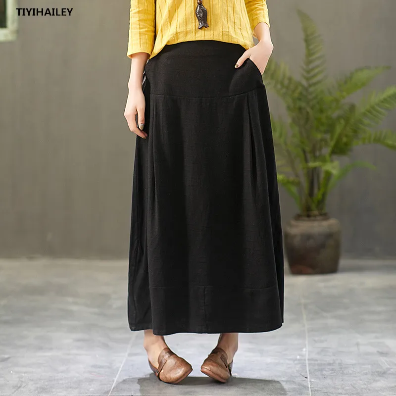 TIYIHAILEY Free Shipping 2023 New Long Maxi Bud Elastic High Waist Women Cotton Linen Skirts Spring Summer Black Blue