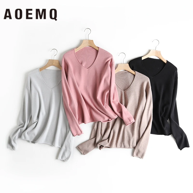 AOEMQ благородные свитера с v-образным вырезом, однотонный зимний свитер, пуловер, 4 цвета, офисные женские свитера, теплая хлопковая мягкая женская одежда