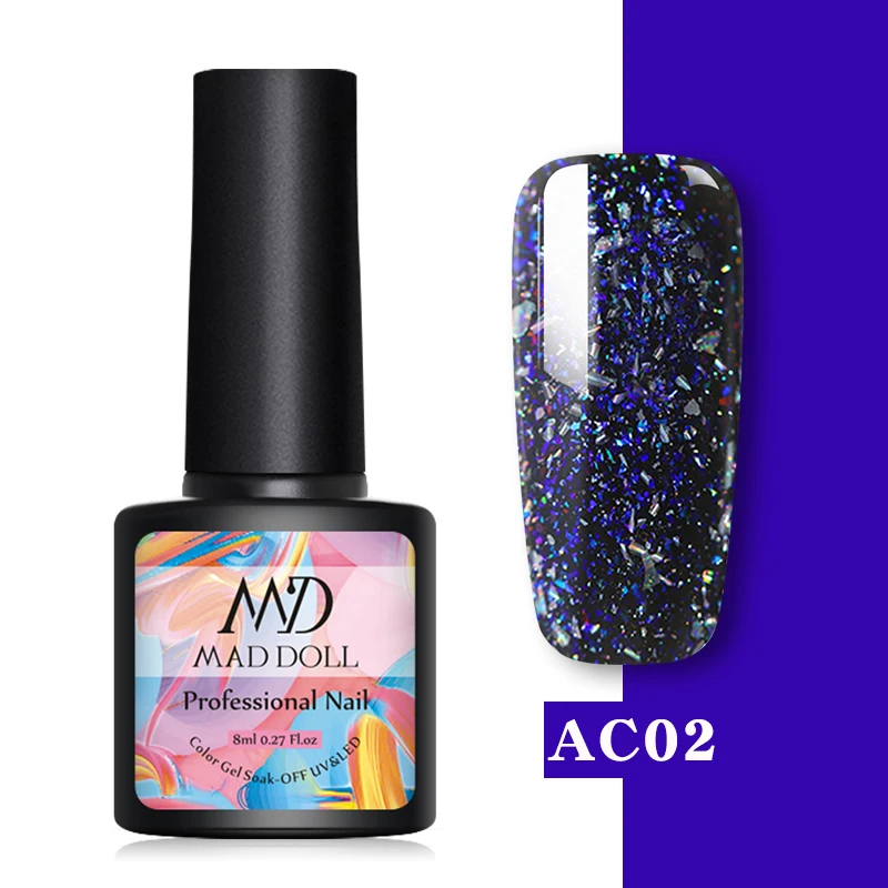 AC02 MAD DOLL, 8 мл, Платиновый УФ-гель для ногтей, голографический цвет, яркий блеск, блестки, Гель-лак, замачиваемый, УФ светодиодный, Цветной Гель-лак, сделай сам - Цвет: AC02