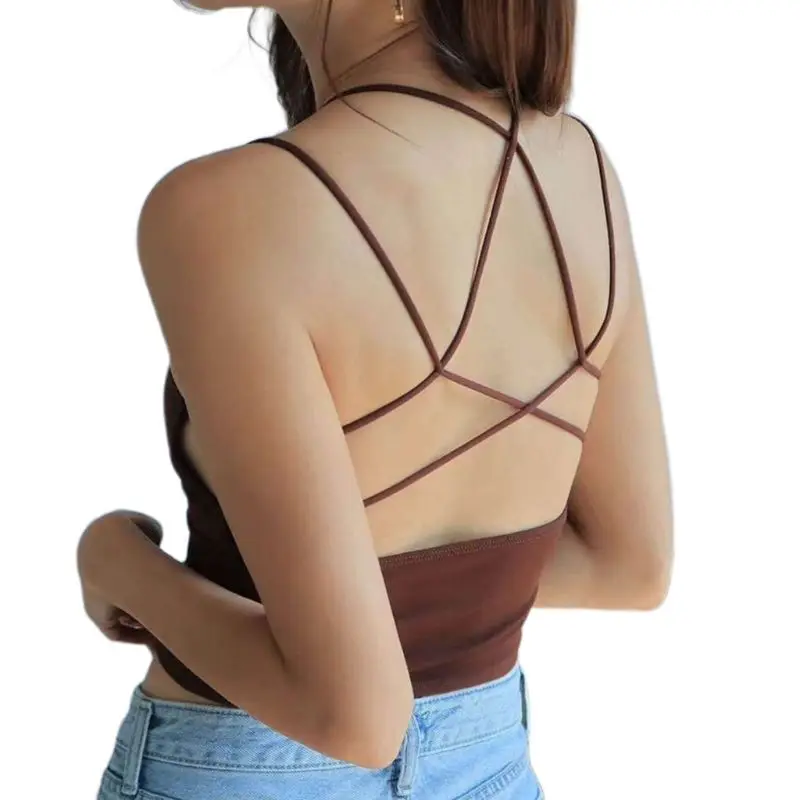 Coffee Womens Summer Cross Strappy Bandage Backless Crop Top Solid Color Slim Fit Backless Camisole Basic Night Party Streetwear Vest - Цвет: Coffee