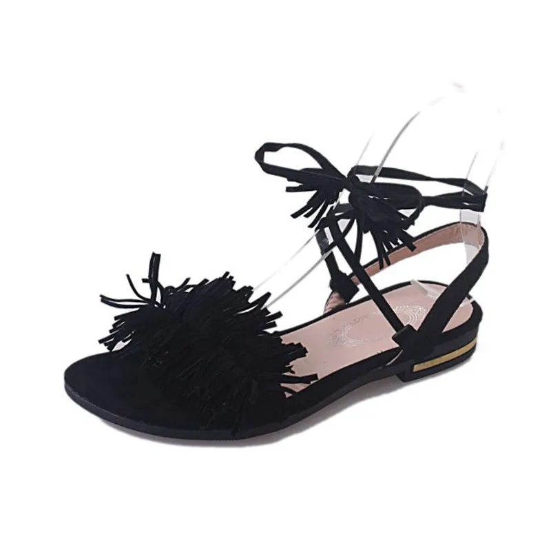 Tassel black COOTELILI/сандалии-гладиаторы с ремешками на лодыжках на натуральном меху; женская обувь на плоской подошве; коллекция года; Летняя обувь с кисточками; женские свадебные пляжные сандалии в богемном стиле; 42 - Цвет: Tassel black