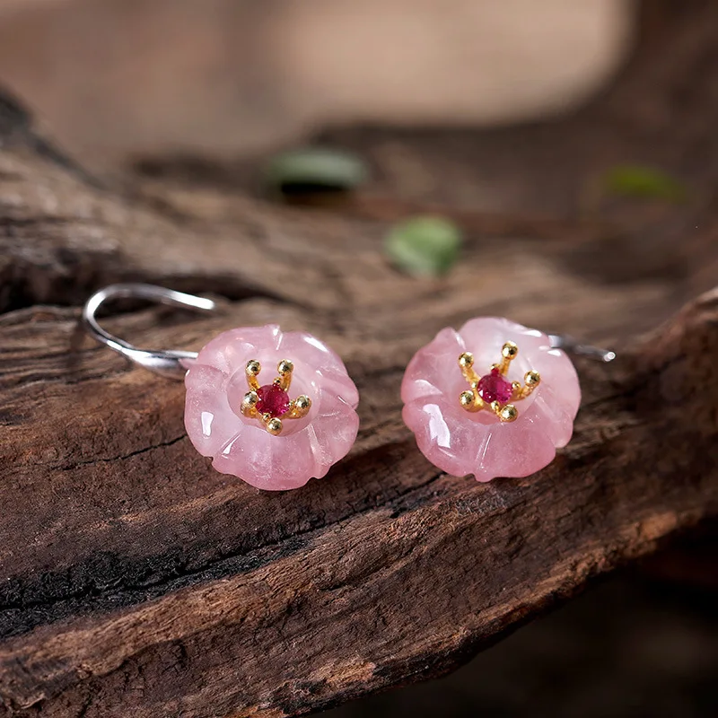 

S925 sterling silver natural powder crystal plum earrings simple temperament wild earrings