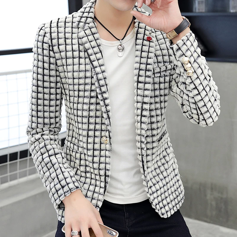 

Spring Autumn Mens Blazers Jacket Lapel One Button Checks Plaids Men Coat Business Casual Jackets Size M-3XL V02