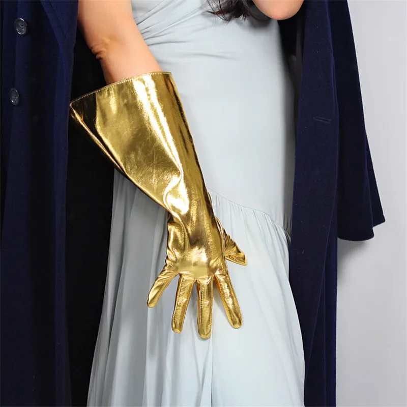 patent leather gold Лакированные длинные перчатки унисекс широкие из искусственной кожи воздушные шары с пышными рукавами большие белые 38 см PU147 - Цвет: patent leather gold