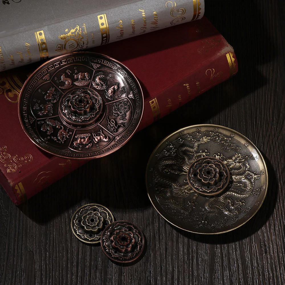 1 Set Chinese Zodiac Censer 5 Holes Lotus Backflow Incense Plate Joss-stick Holder Retro Crafts Buddhism Temple Tool Home Decor