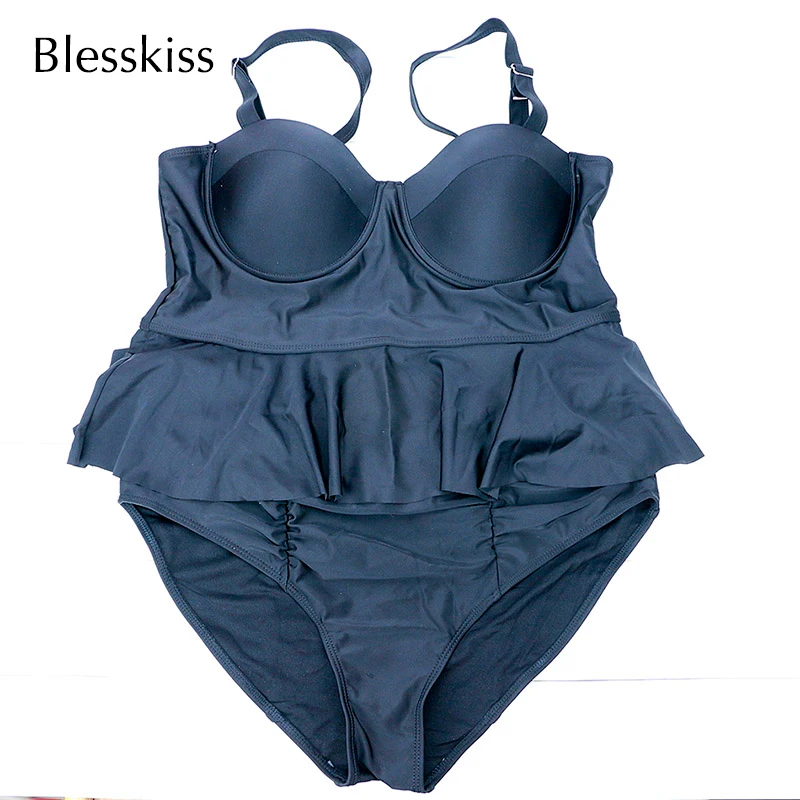 Blesskiss, пуш-ап бикини размера плюс, одежда для плавания, большой гофрированный женский купальник, два предмета, высокая талия, купальный костюм с юбкой