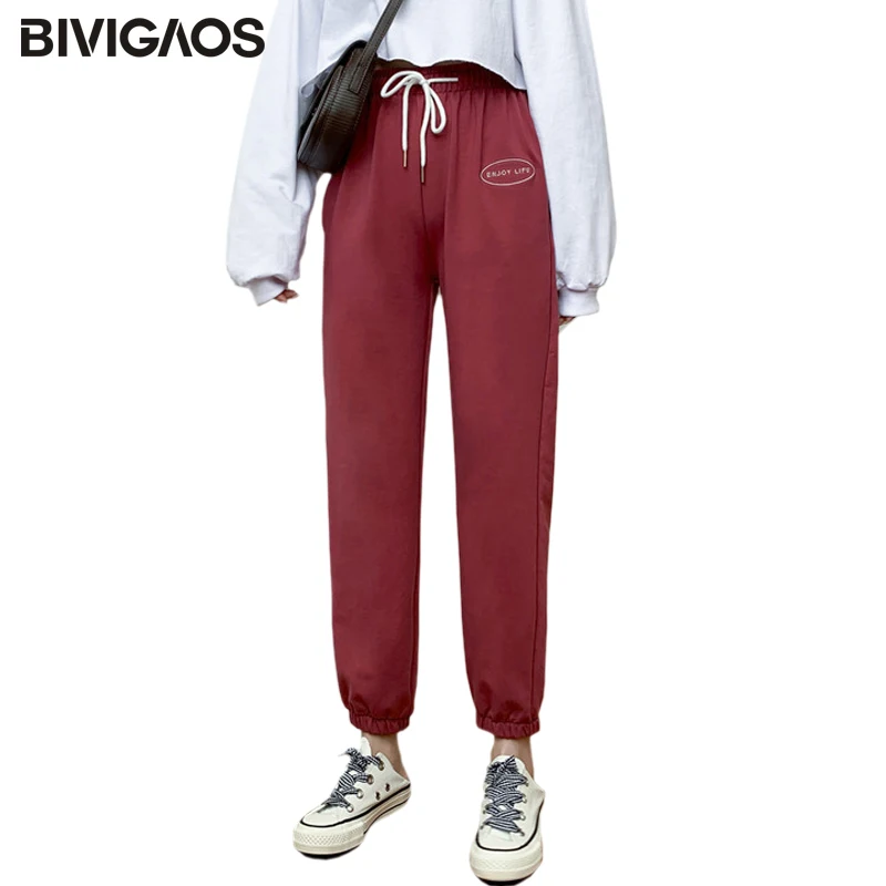 BIVIGAOS 2019 осень новые Мода и досуг яркие цвета вышитые хлопковые повседневные женские спортивные брюки эластичный шнурок на талии шаровары