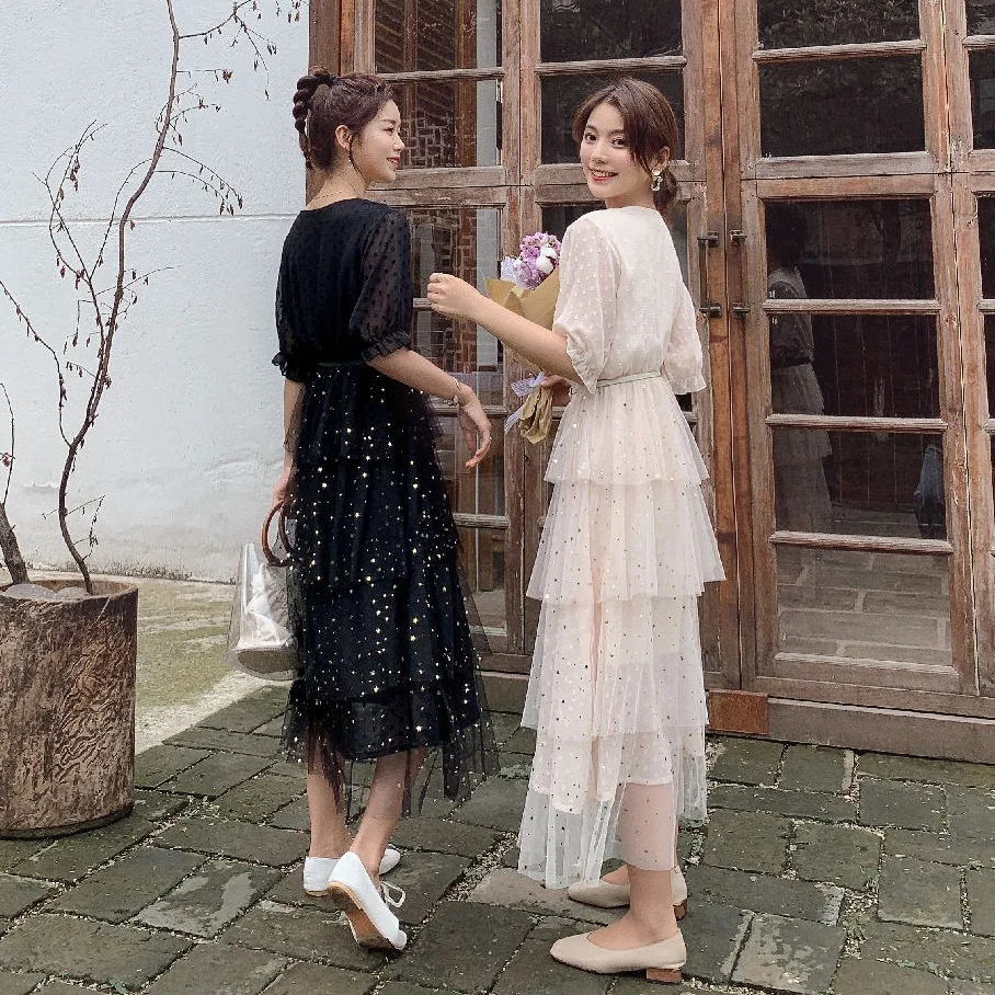 

Photo Shoot CHIC Immortal Chiffon Black Paillette Star Long V-neck Waist Hugging Lace-up Gauze Cake Dress Women's