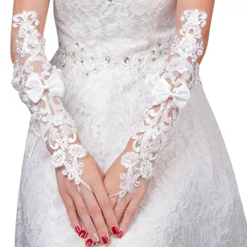 

Bridal Embroidery Floral Lace Fingerless Gloves Faux Pearl Bow Wedding Mittens