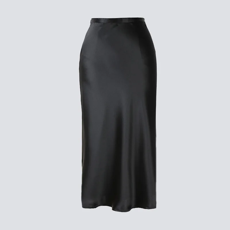

women solid quality satin midi skirt vintage side zipper office ladies elegant chic A-line skirts